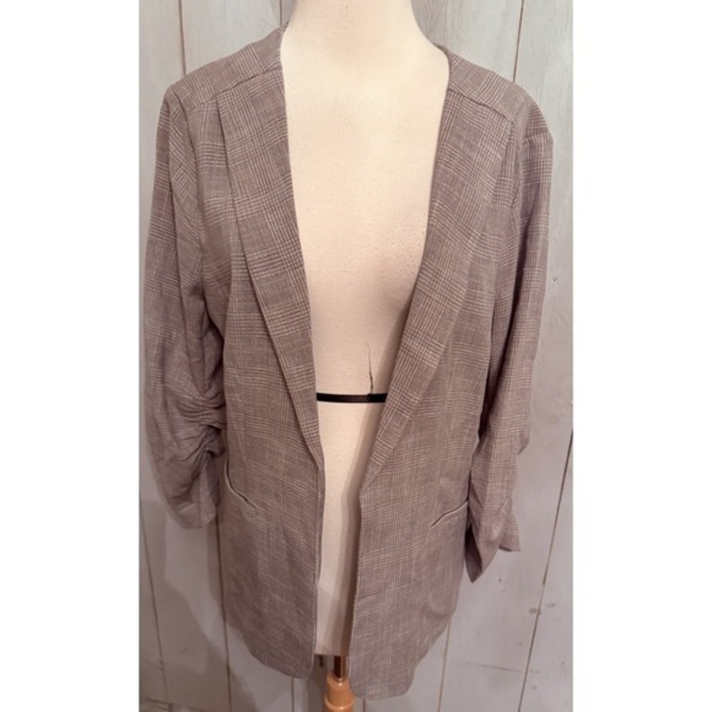 Skies Are Blue Raja Collarless Blazer Lg Plaid Open Career 3/4 Ruched Sleeve New